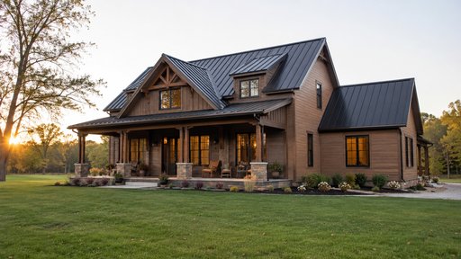 Timber-frame cabin exterior at dusk