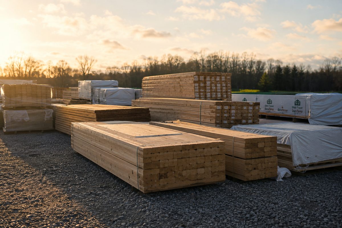 Stacked lumber and building materials at Heritage Lumber & Supply